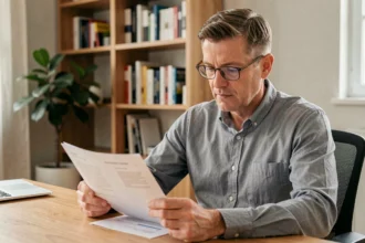 Homme de 45 ans en situation de handicap partiel consultant des documents d'assurance emprunteur à son bureau à domicile