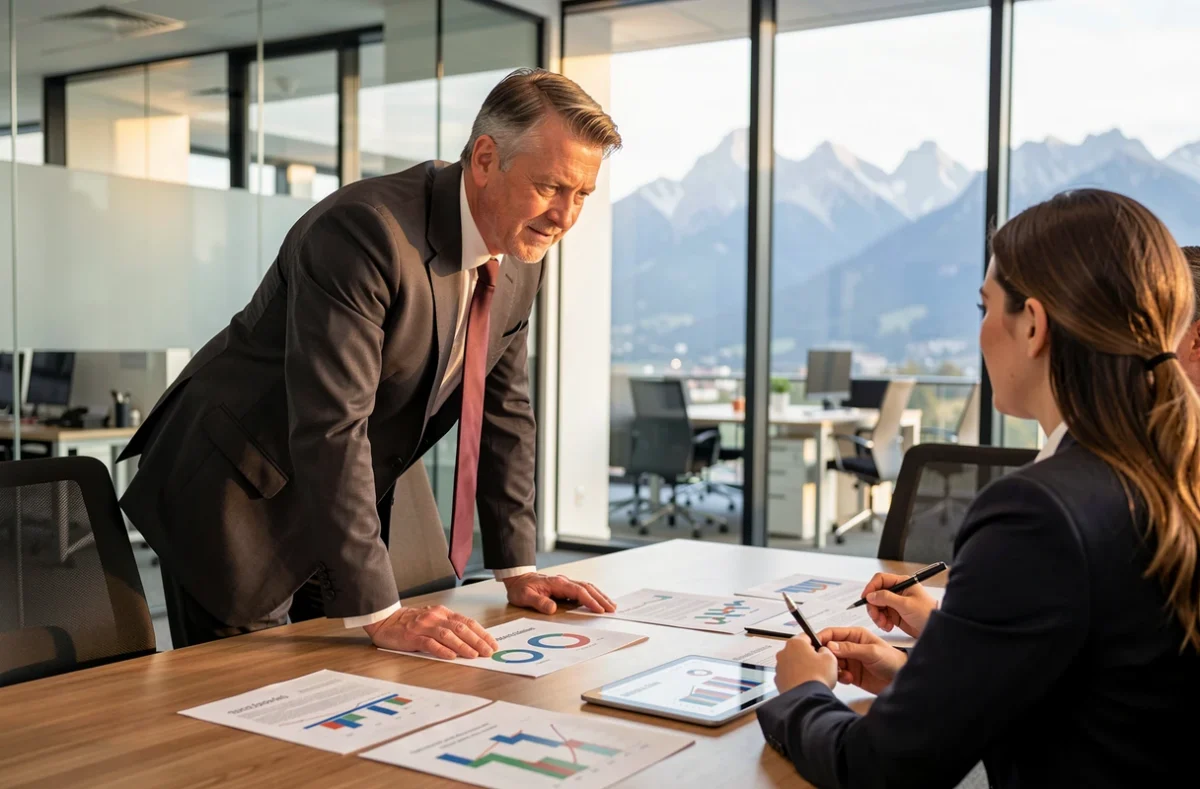 Conseiller de Gatt Invest en discussion avec des clients autour d'une table de conférence avec des graphiques d'investissement