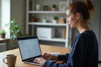 Femme gérant ses abonnements récurrents sur un ordinateur portable avec une carte virtuelle Virtualis CMB