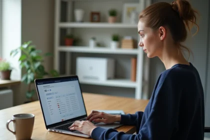 Femme gérant ses abonnements récurrents sur un ordinateur portable avec une carte virtuelle Virtualis CMB