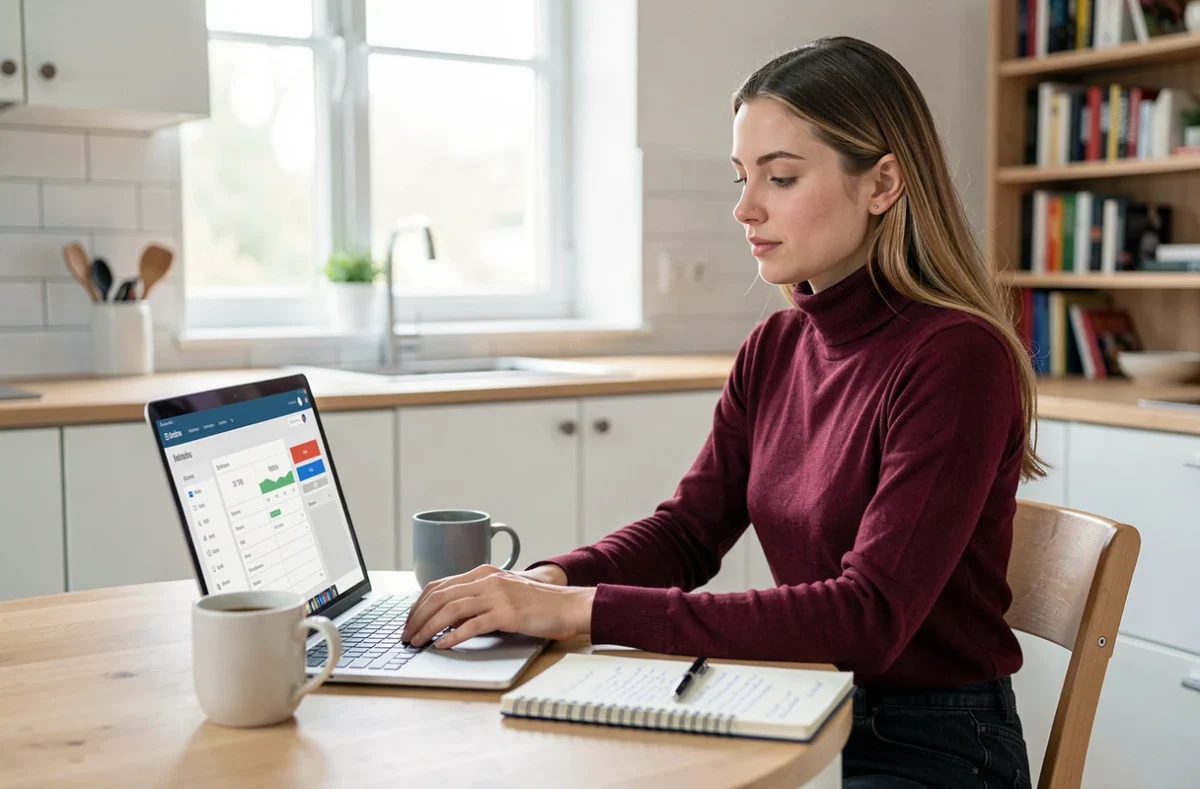 Jeune femme gérant son épargne en ligne depuis chez elle via l'interface de La Banque Postale sur ordinateur portable