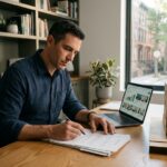 Homme consultant des documents d'investissement immobilier sur un bureau en bois dans un bureau à domicile moderne