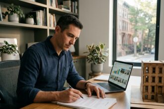 Homme consultant des documents d'investissement immobilier sur un bureau en bois dans un bureau à domicile moderne
