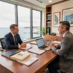 Bureau de gestion de patrimoine dans le Finistère avec vue sur la côte bretonne et deux conseillers en discussion autour de documents financiers