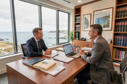 Bureau de gestion de patrimoine dans le Finistère avec vue sur la côte bretonne et deux conseillers en discussion autour de documents financiers