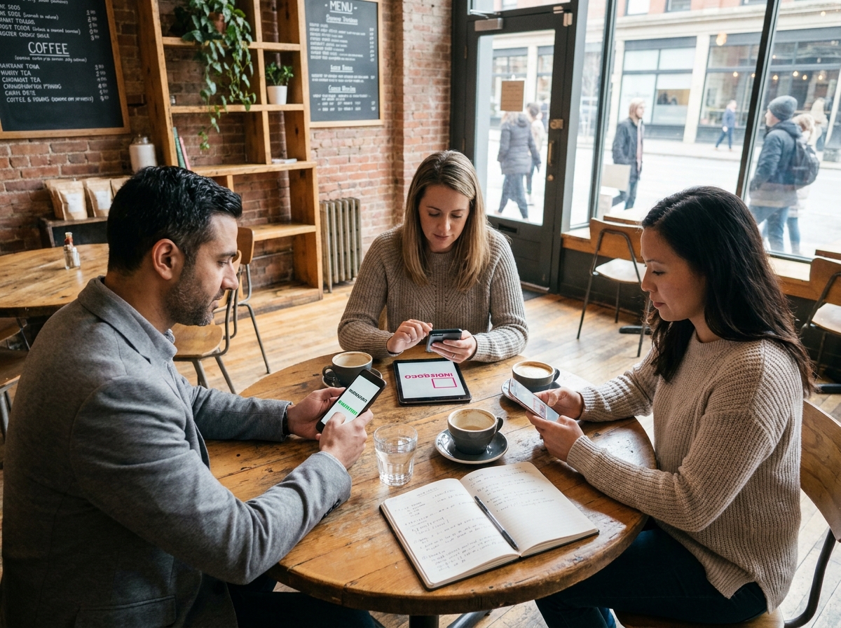 Groupe d'investisseurs comparant des plateformes de crowdfunding sur leurs appareils dans un café