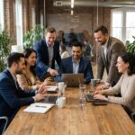 Groupe de professionnels collaborant dans un espace coworking moderne