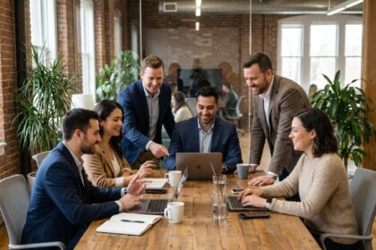 Groupe de professionnels collaborant dans un espace coworking moderne