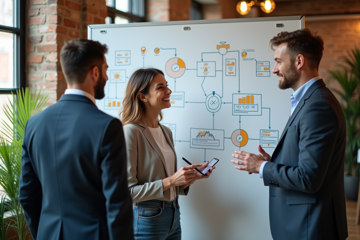 Groupe de trois professionnels discutant autour d