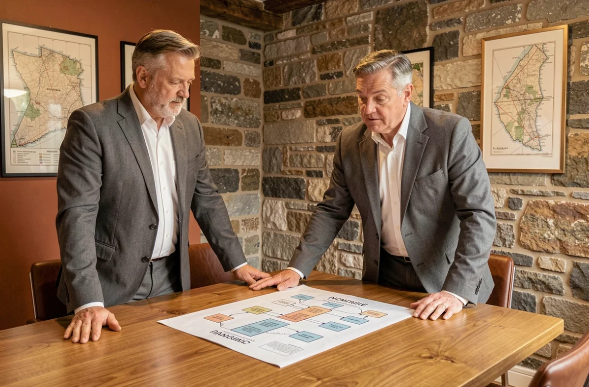 Conseiller patrimonial Hagnéré Patrimoine présentant un plan de succession sur une table en bois dans un bureau aux murs en pierre bretonne