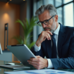 Homme d'affaires analyse des graphiques financiers sur une tablette