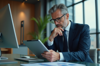 Homme d'affaires analyse des graphiques financiers sur une tablette