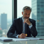 Homme d'affaires contemplant un bitcoin dans un bureau moderne