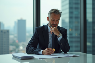 Homme d'affaires contemplant un bitcoin dans un bureau moderne