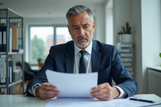 Homme d'affaires en costume examinant des documents