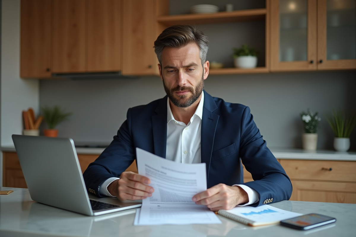 Homme d'affaires en costume examine des documents financiers à la maison