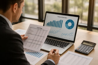 Homme d'affaires analysant des graphiques financiers au bureau