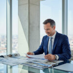 Homme d'affaires en costume navy dans un bureau moderne