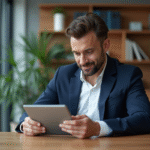 Homme d'affaires confiant en costume navy dans un bureau moderne