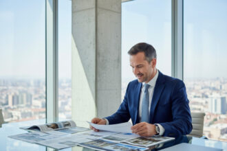 Homme d'affaires en costume navy dans un bureau moderne