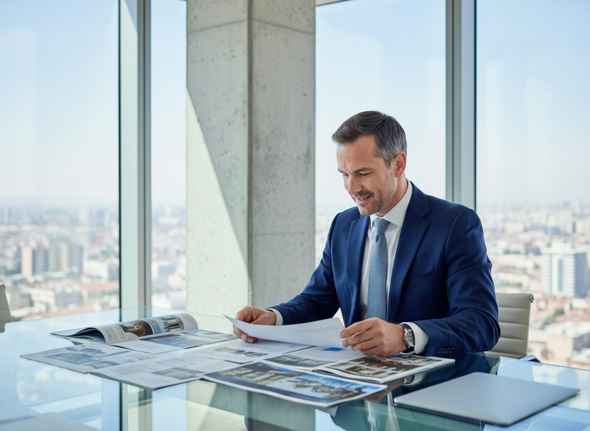 Homme d'affaires en costume navy dans un bureau moderne