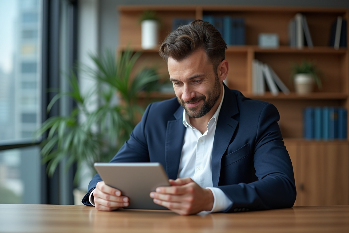 Homme d'affaires confiant en costume navy dans un bureau moderne