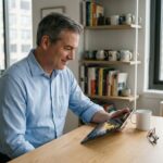 Homme d'affaires regardant un graphique d'or sur une tablette