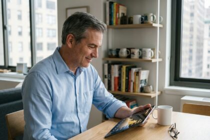 Homme d'affaires regardant un graphique d'or sur une tablette