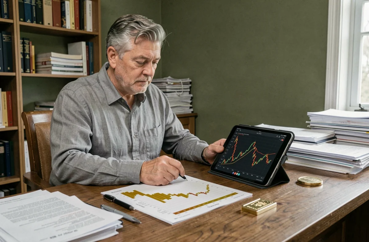 Homme analysant les graphiques de prix de l'or 9 carats sur tablette pour choisir le meilleur moment de vente