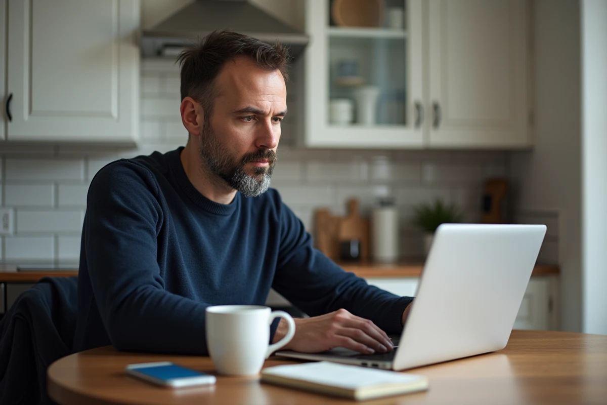 Homme consultant une application bancaire sur ordinateur pour gérer ses économies et remboursements