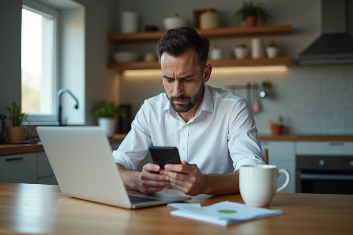 Homme consultatnt son application bancaire affichant un solde négatif à cause d'un découvert dépassé