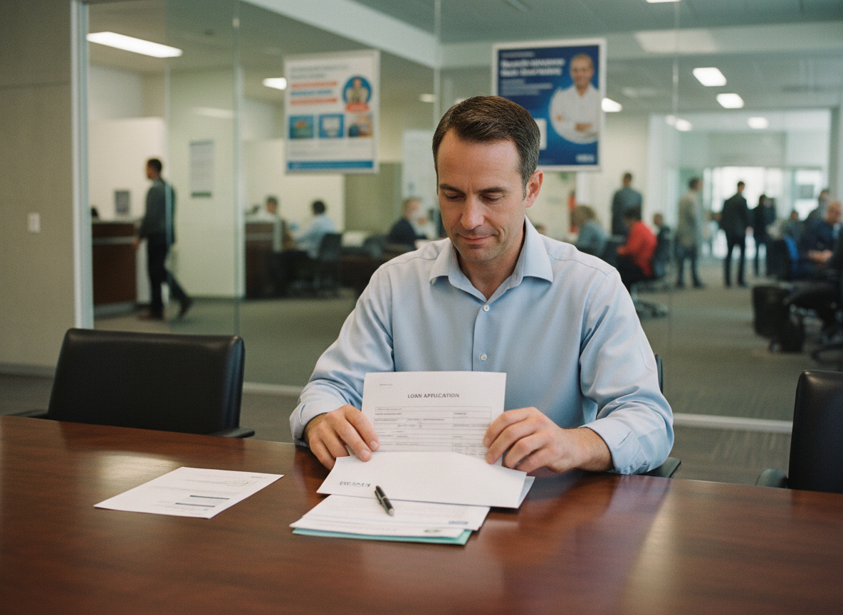 Homme en banque dépose une demande de prêt