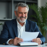 Assureur homme en costume bleu au bureau
