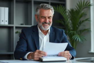 Assureur homme en costume bleu au bureau