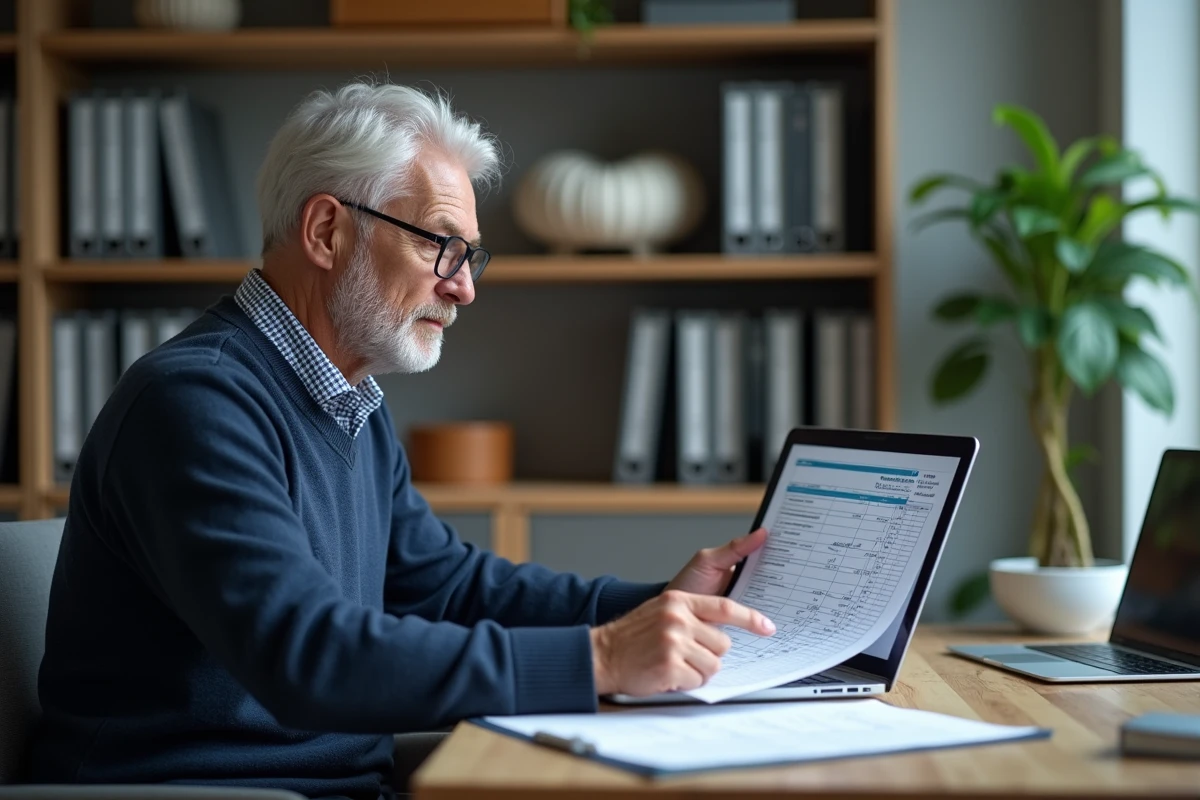 Homme consultant son calendrier de paiement pension invalidité 2026 devant un ordinateur portable à son bureau