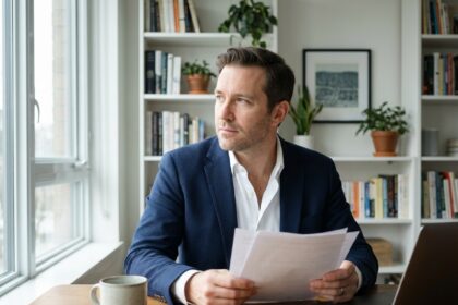 Homme d'âge moyen en bureau moderne regardant par la fenêtre