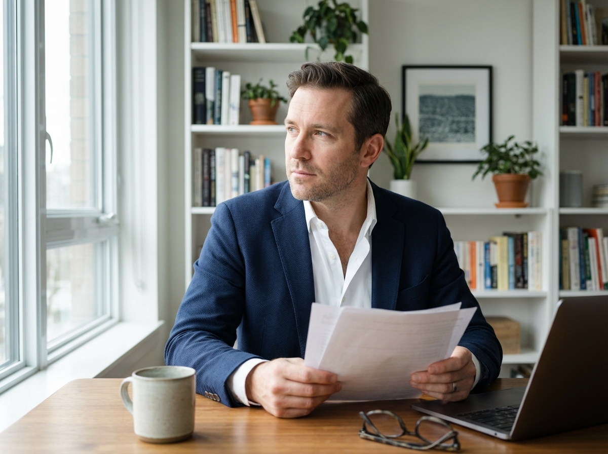 Homme d'âge moyen en bureau moderne regardant par la fenêtre