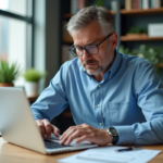 Homme d'affaires en chemise bleue calcule ses dividendes au bureau