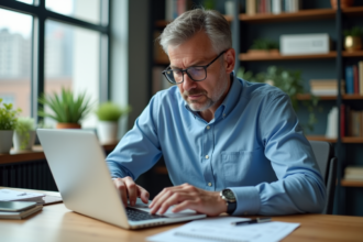 Homme d'affaires en chemise bleue calcule ses dividendes au bureau