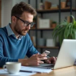 Homme concentré travaillant à son bureau avec ordinateur et smartphone