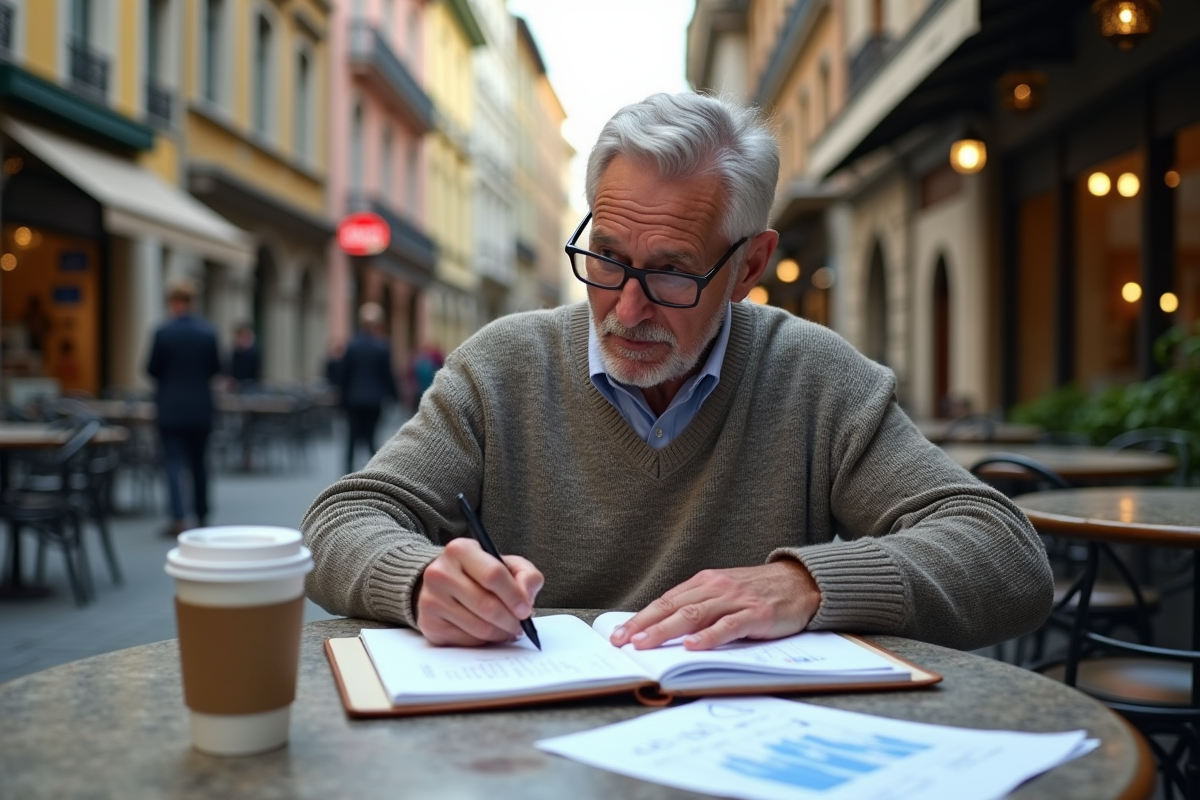 Homme mature étudie rapports financiers au café en plein air