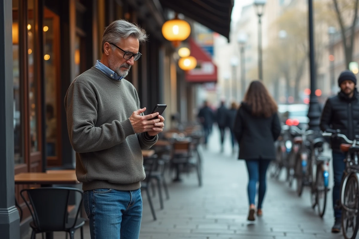 Homme dans un café urbain regardant son smartphone