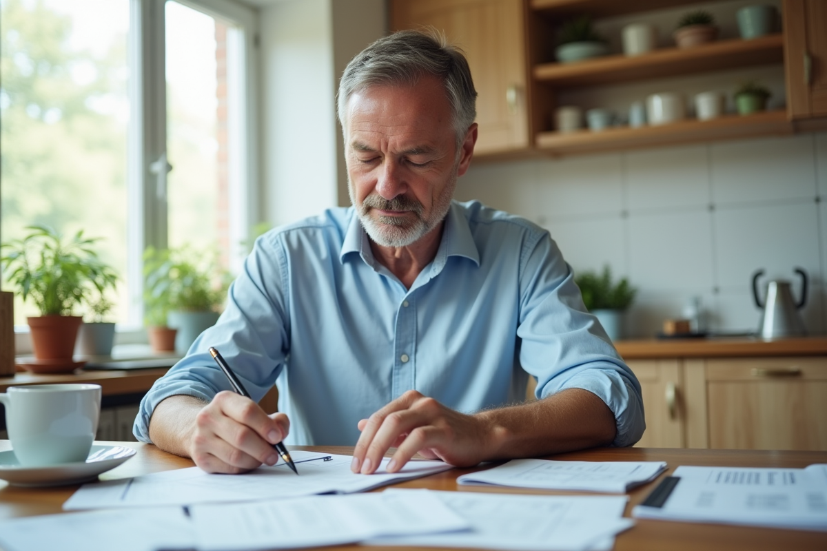 Homme calculant ses paiements hypothécaires dans la cuisine