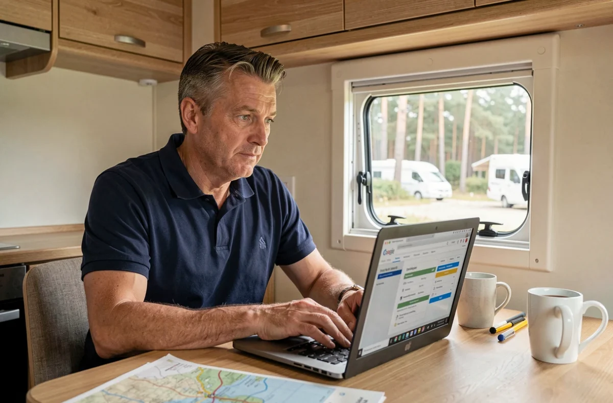 Homme comparant des offres d'assurance camping-car sur ordinateur portable à l'intérieur d'un fourgon aménagé