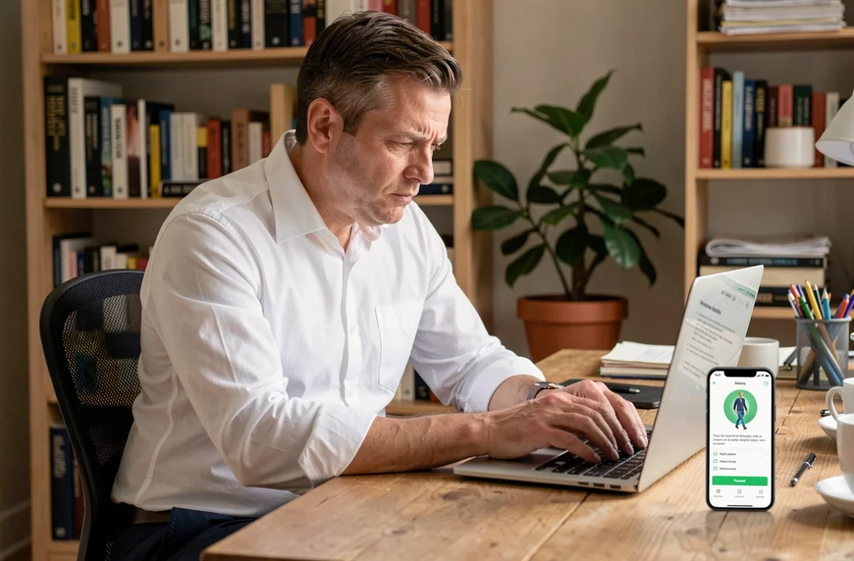 Homme lisant attentivement les conditions générales d'une application de marche rémunérée sur ordinateur portable