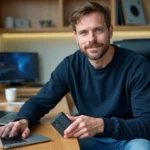 Homme d'âge moyen avec portefeuille crypto dans un bureau moderne