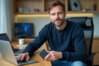 Homme d'âge moyen avec portefeuille crypto dans un bureau moderne