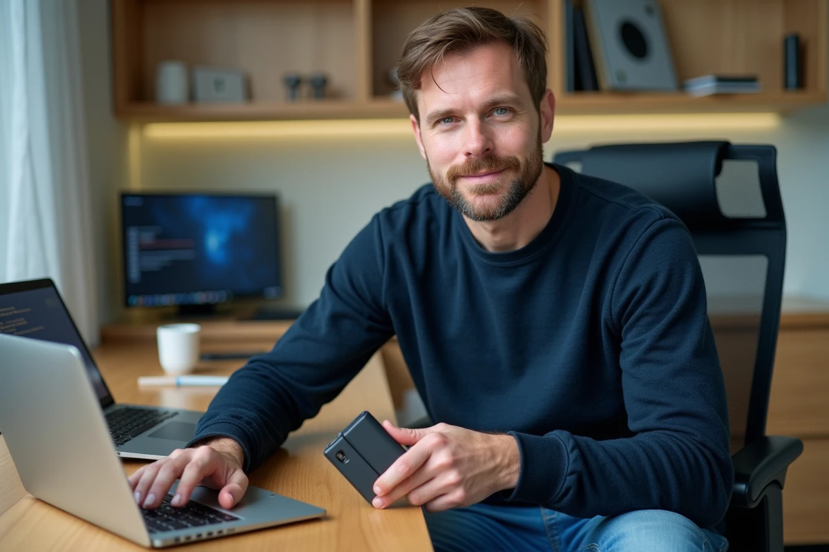 Homme d'âge moyen avec portefeuille crypto dans un bureau moderne