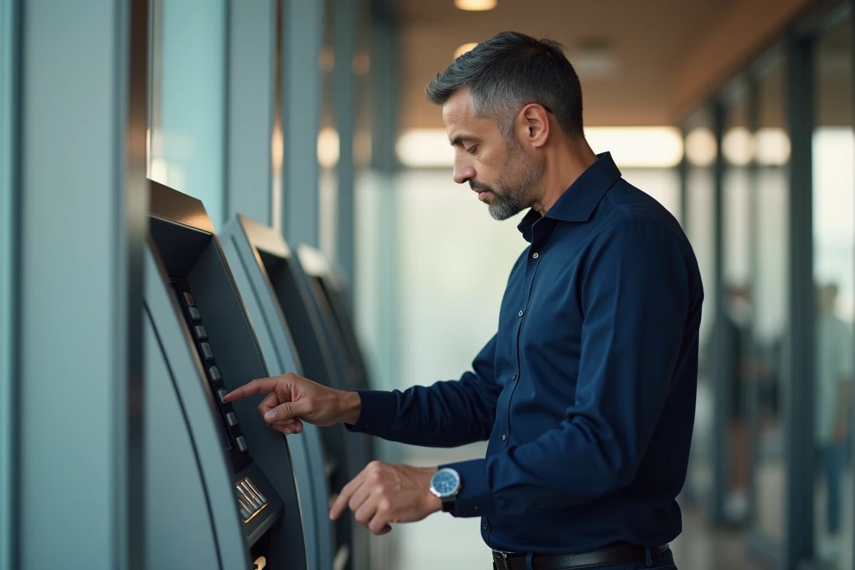 Homme vérifiant un virement Nickel à un distributeur automatique dans une agence bancaire un vendredi