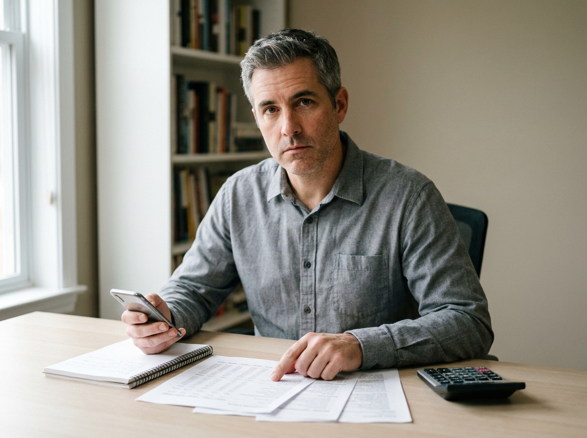Homme consultant des documents financiers et son smartphone pour optimiser une demande de mini crédit